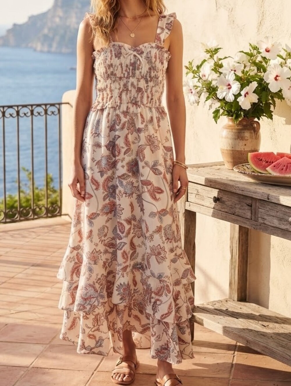 Grace Karin Floral Maxi Dress in Cream with Rust and Blue Print